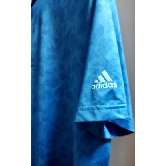 Adidas Golf Polo Shirt L Prisma Blue Short Sleeve Abstract Print Logo Raised Arm - Picture 7 of 12